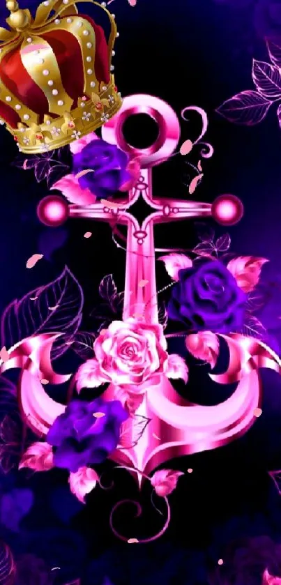 Vibrant anchor and roses with crown on a purple background.