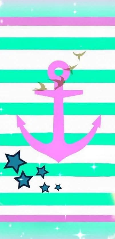 Colorful wallpaper with pink anchor and teal stripes.