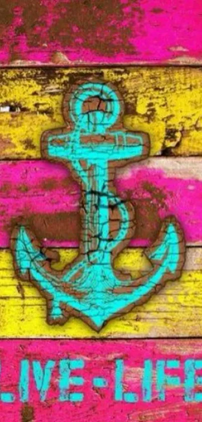 Colorful wooden wallpaper with a teal anchor and 'Live Life' text.