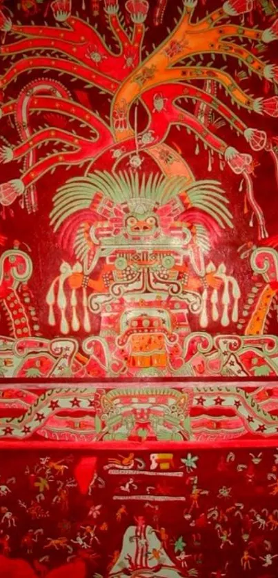 Vibrant ancient art design with intricate details on a red background.