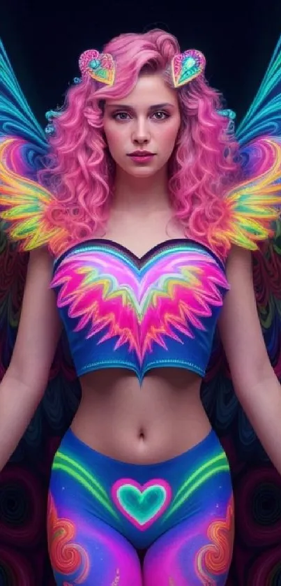 Artistic fantasy angel with vibrant, colorful wings and neon colors.