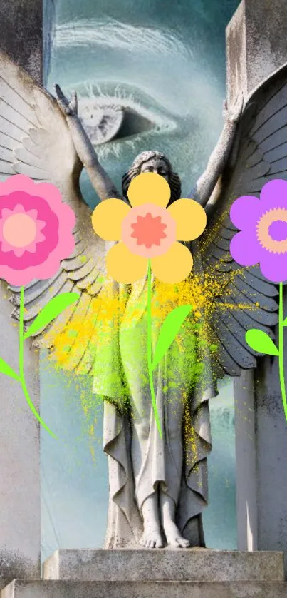 Angelic statue with vibrant flowers overlay.