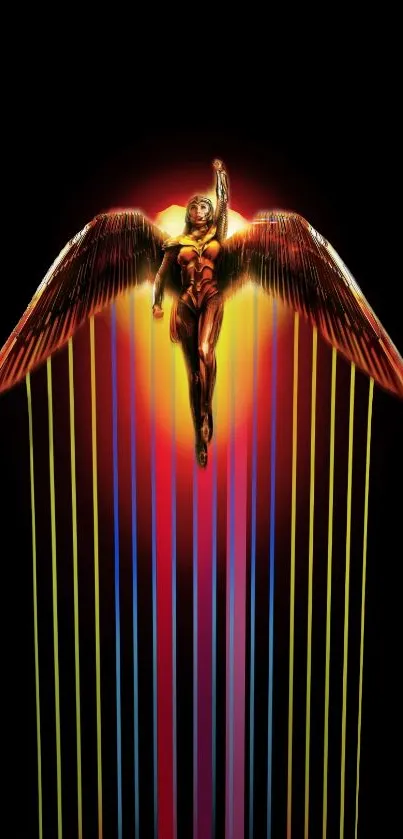 Radiant angel with colorful streaks on a dark mobile wallpaper.