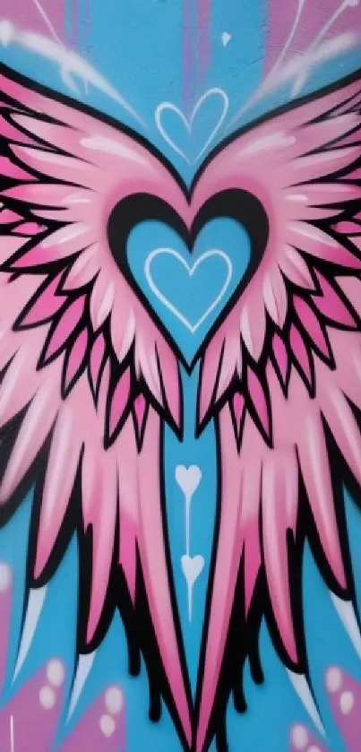 Vibrant street art with angel wings and hearts, perfect for phone wallpaper.