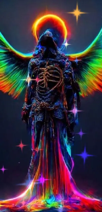 Vivid neon angel with colorful wings.