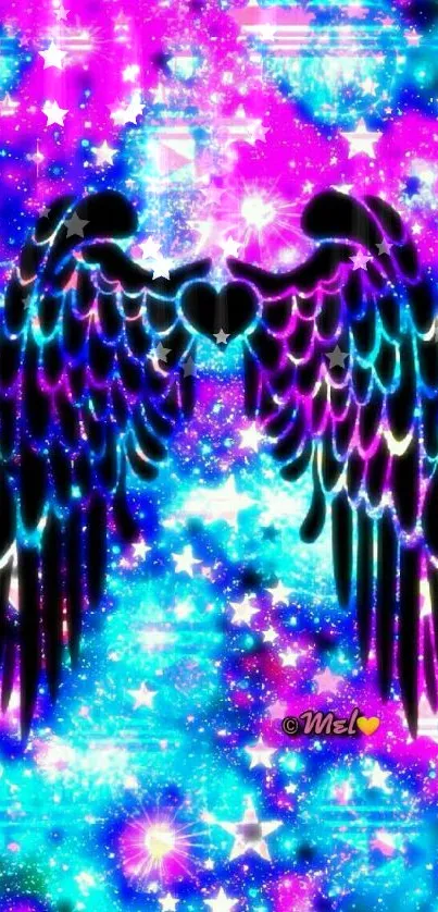 Vibrant angel wings wallpaper with a cosmic starry background.