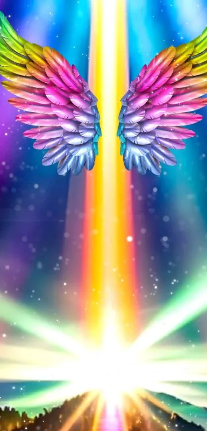 Colorful angel wings with radiant light beams in cosmic sky background.
