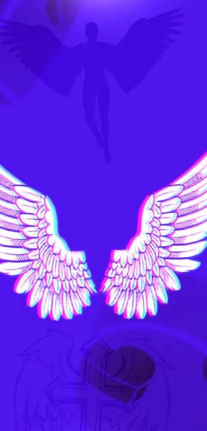 Neon angel wings on a blue background, glowing ethereal design.