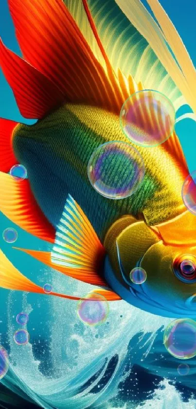 Vibrant angelfish swimming over dynamic ocean waves in colorful digital artwork.