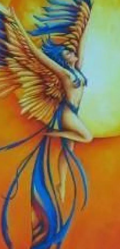 Fantasy angel with colorful wings in front of a bright sun.