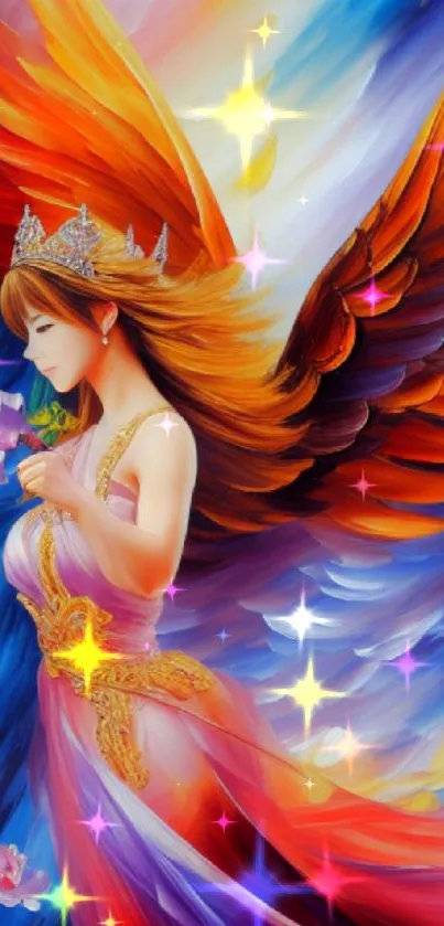 Ethereal figure with fiery wings surrounded by vibrant colors.