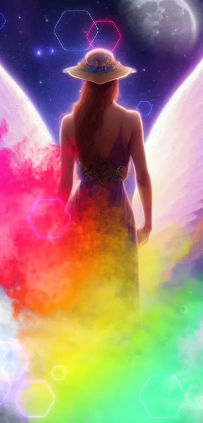 Fantasy angel with vibrant wings in a cosmic dreamscape.