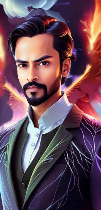 Fantasy portrait of a man with angelic fiery wings in vibrant colors.