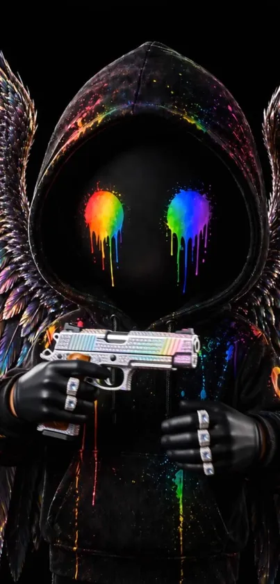Hooded angel with vibrant colorful wings and glowing eyes on a black background.