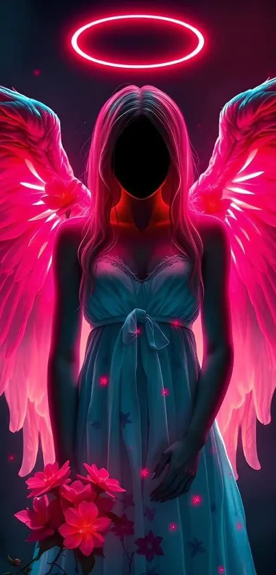 A vibrant neon angel with pink wings and halo, holding flowers.