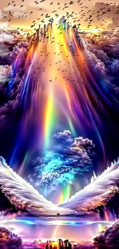 Vibrant and colorful celestial scene with angelic wings.