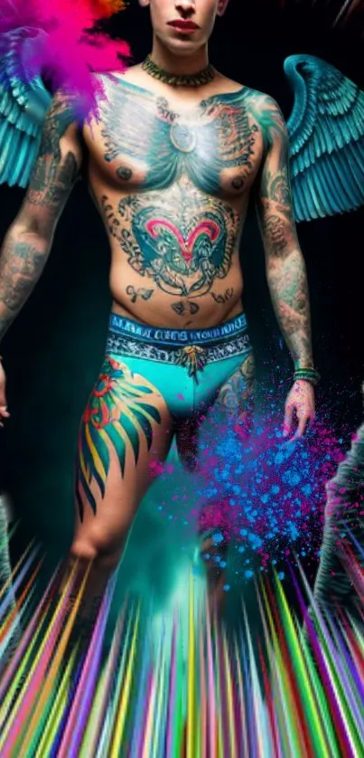 Colorful tattooed figure with angel wings and dynamic design.