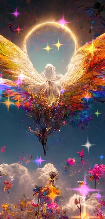 Ethereal angel with vibrant wings in mystical dreamscape.