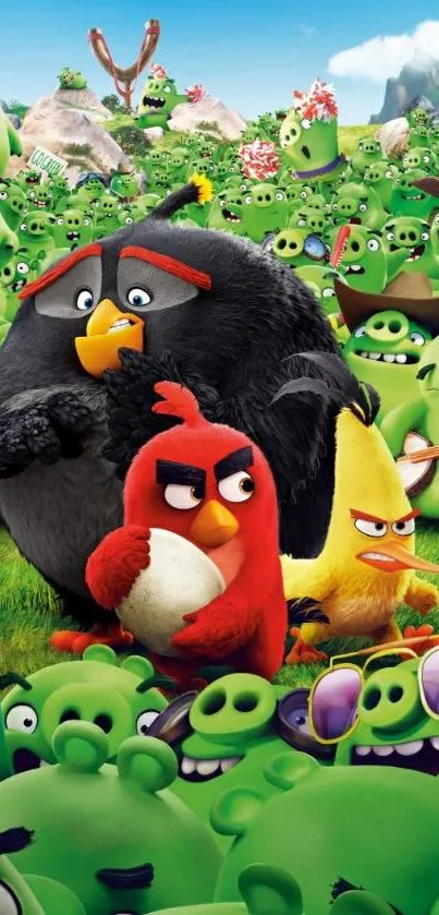 Colorful wallpaper of Angry Birds characters and green pigs.