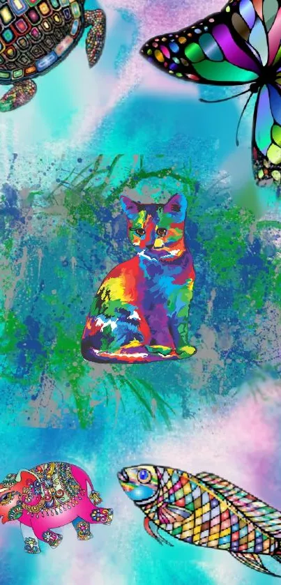 Colorful abstract art with animals on blue.