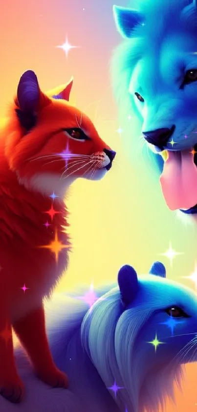 Vibrant artwork of a fox and two lions in blue and orange hues.