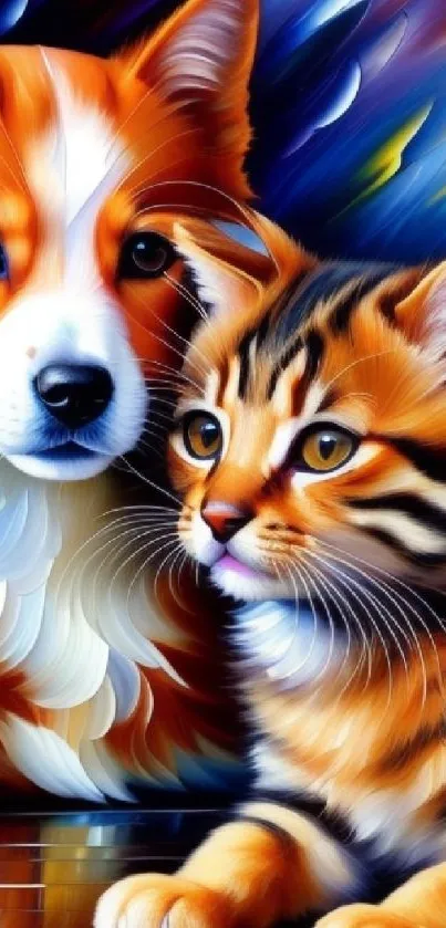 Vibrant artistic wallpaper of a dog and cat in colorful setting.