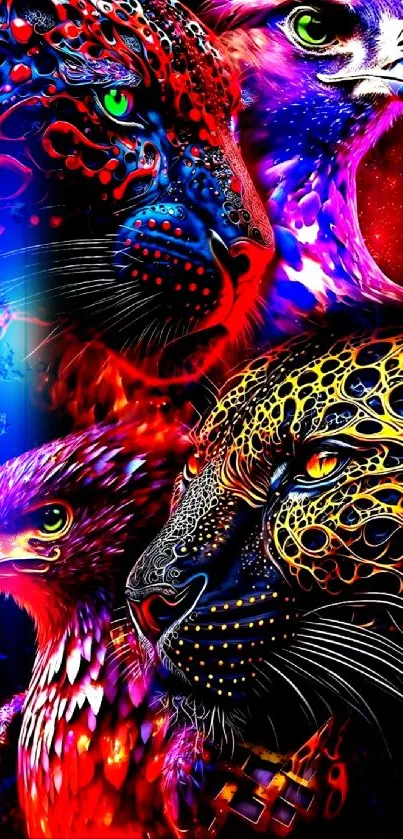 Vibrant abstract animal art wallpaper with colorful leopard and eagle designs.