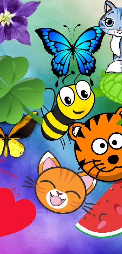 Cartoon animals and butterfly on colorful background.