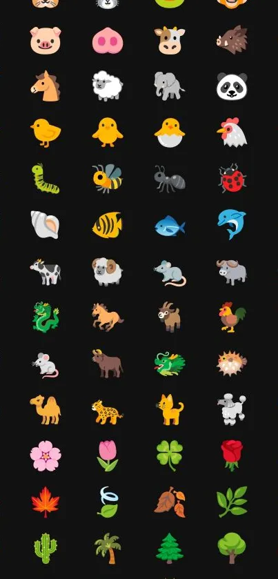 Vibrant animal emojis on black mobile wallpaper.