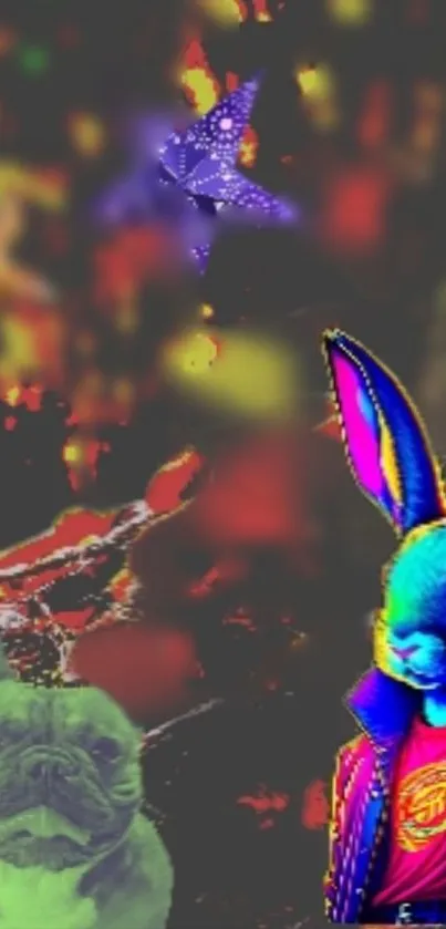Vibrant wallpaper with neon rabbit and bulldog.
