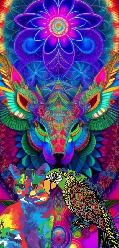 Psychedelic animal wallpaper with vibrant colors featuring a fox, cat, and bird.