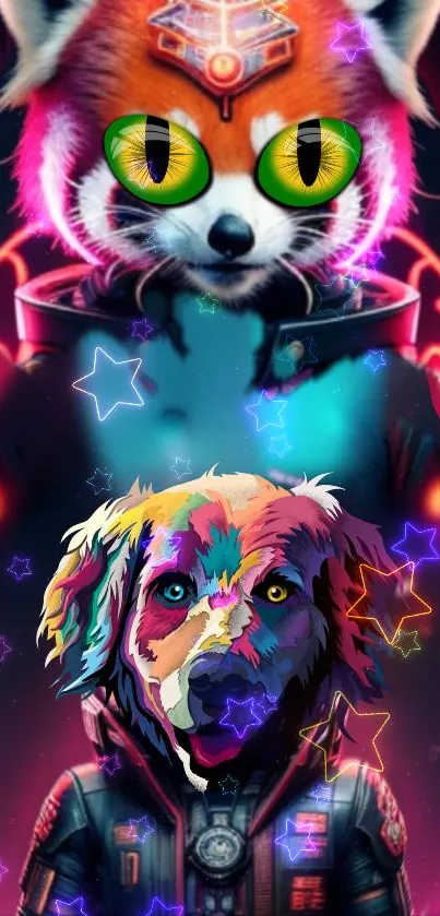 Neon art wallpaper featuring cosmic animals in vibrant colors.