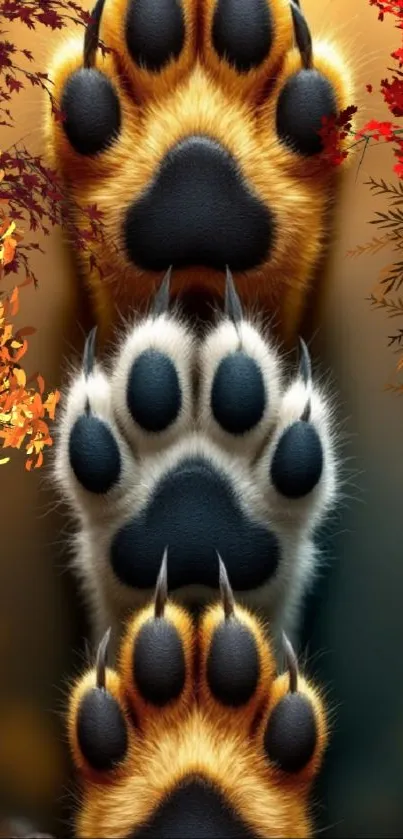Colorful wallpaper featuring animal paws and autumn leaves.
