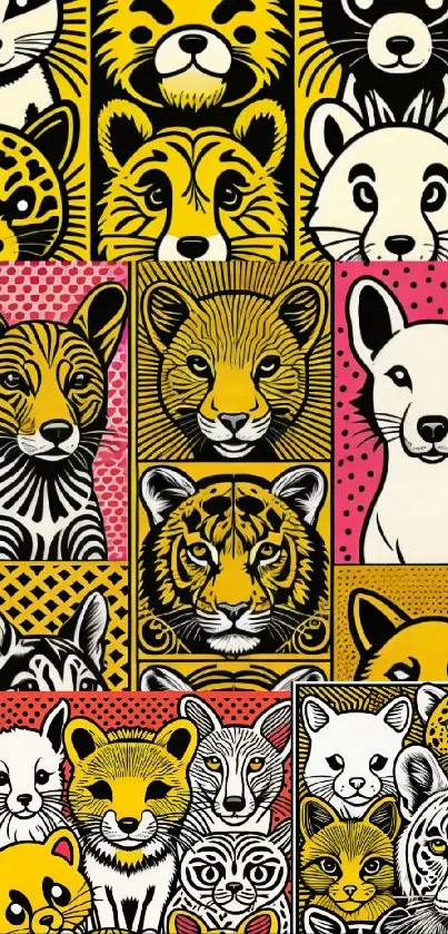 Colorful pop art animal faces wallpaper for phones.