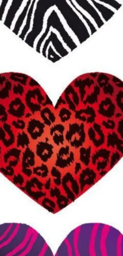 Three hearts with animal prints: zebra, leopard, and tiger stripes.