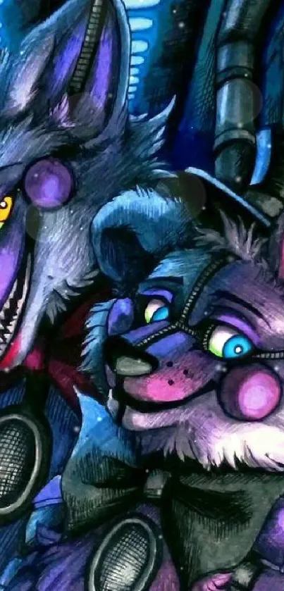 Vibrant artwork of colorful animatronic characters with neon and balloon accents.