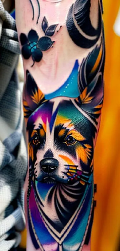 Vibrant tattoo of colorful animal design on forearm.