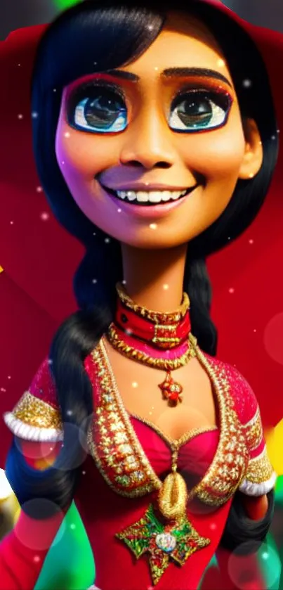 Animated character in red attire with festive background.