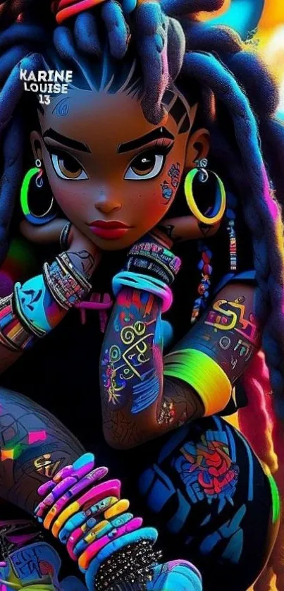 Colorful animated character with vibrant accessories and tattoos.