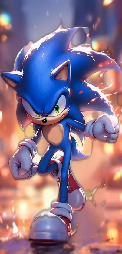 Dynamic animated character against a vibrant city backdrop on mobile wallpaper.