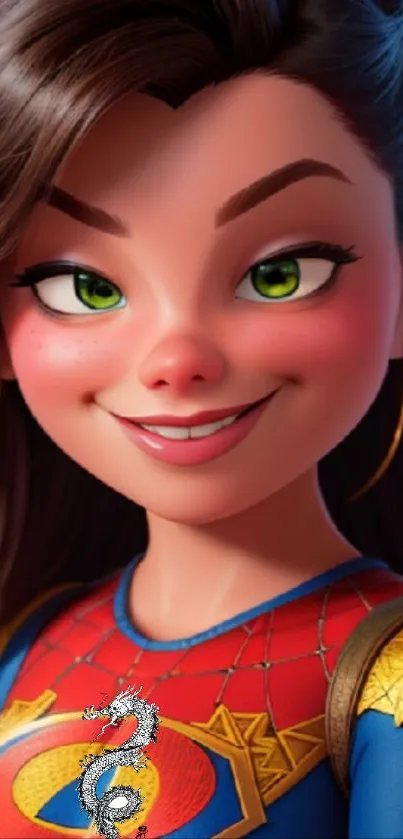 Charming animated character with green eyes in superhero outfit.