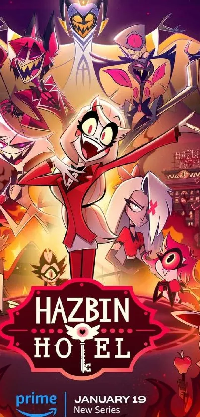 Hazbin Hotel wallpaper with vibrant animated characters in red hues.