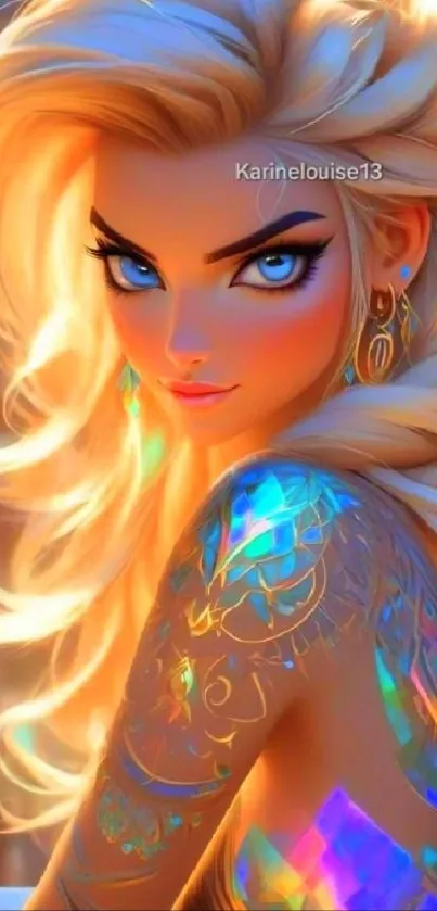 Vibrant animated female character portrait with striking colors.