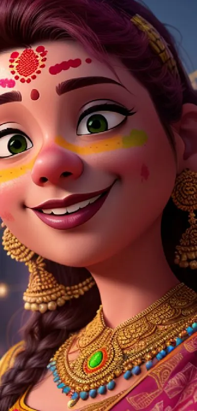 Vibrant animated portrait with festive colors and intricate jewelry.