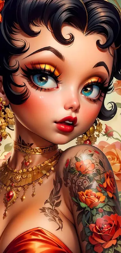 Animated character with floral tattoos and intricate jewelry in vibrant colors.