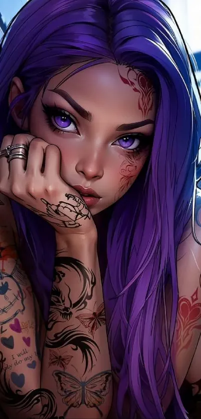 Animated girl with purple hair and tattoos, vibrant art wallpaper.