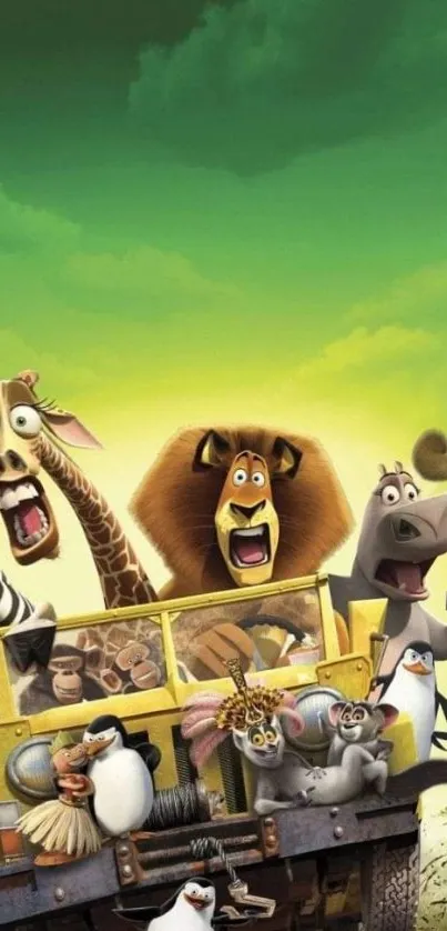 Lively animated safari scene with animals on a green backdrop.