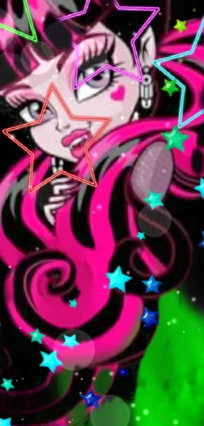 Animated character with neon pink hair and stars.