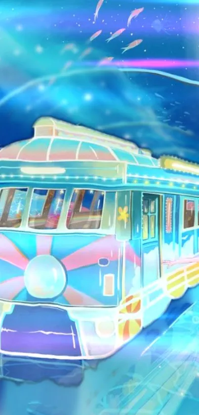 Colorful animated train under a starry night sky.