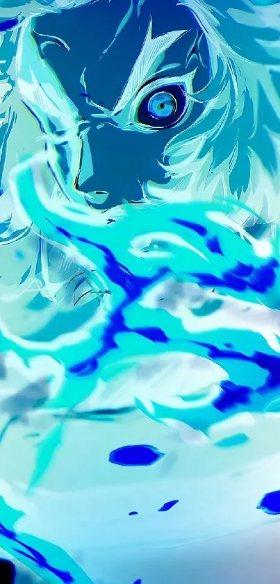 Dynamic anime art wallpaper with vibrant blue and green colors.